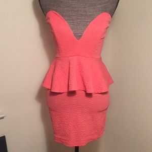 Coral Mini Dress Low Plunge V-Neck Small